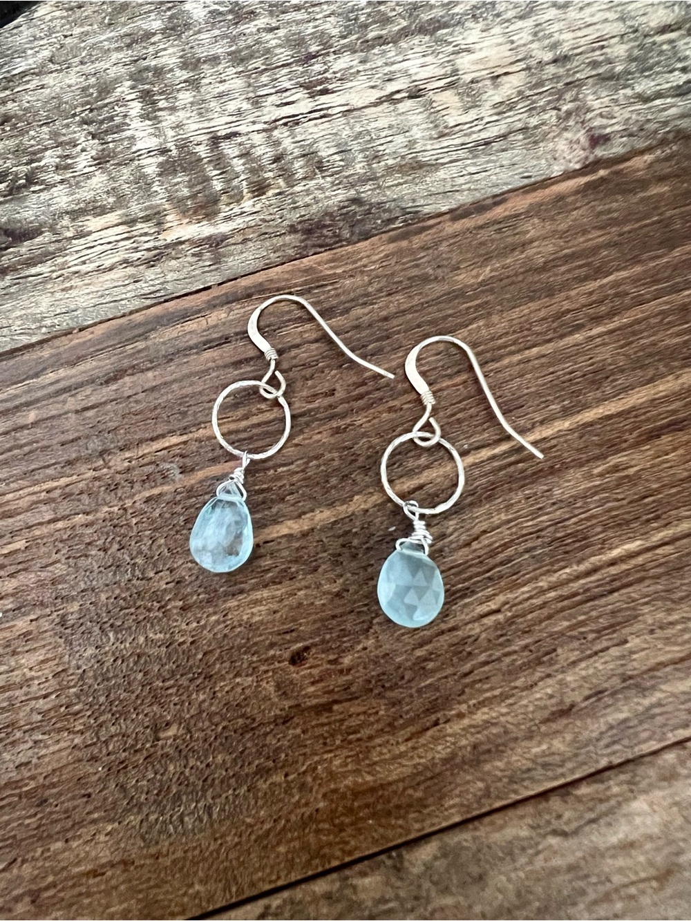 Silver Hoop Drop Earrings with Light Blue Teardrop Aquamarine Gemstones